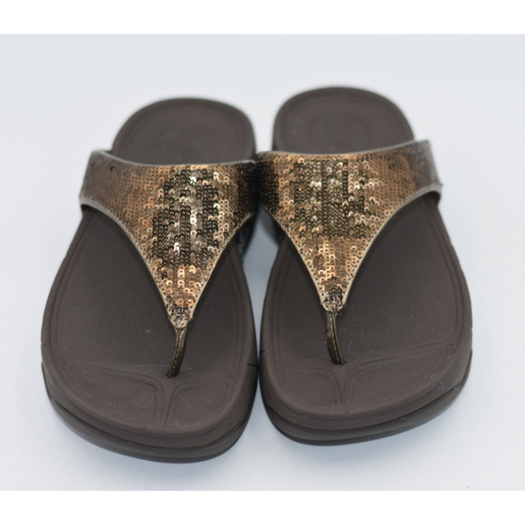 FitFlop ELECTRA Brown Bronze Sequin Flip Flop Sandals Women's Size 5 NICE - Picture 1 of 7